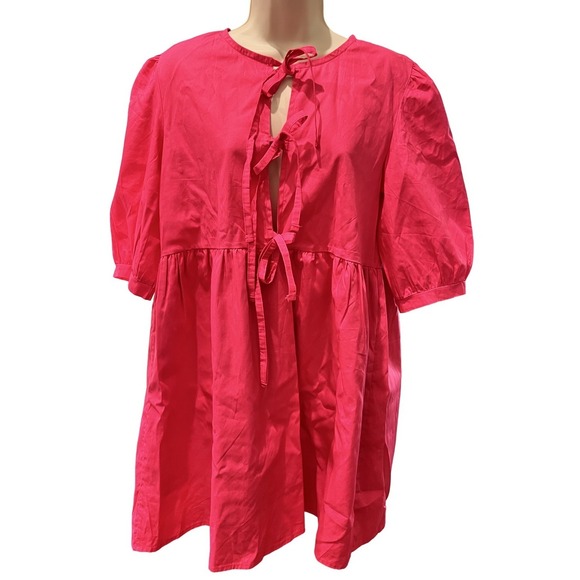 The Unbranded Brand Dresses & Skirts - Pink Cotton Babydoll Mini Dress Puff Sleeves Tie Front Sz M Y2K